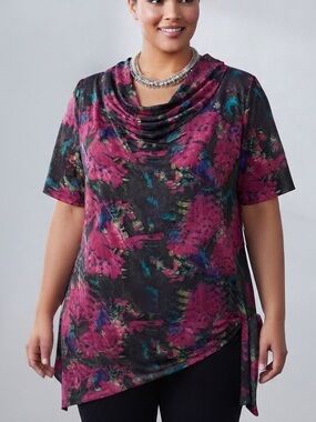 PENNINGTONS Cowl Neck Blouse Silver Floral Metallic 2X